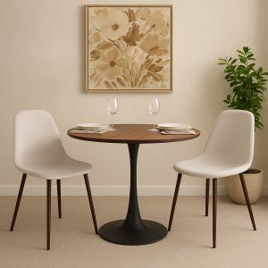 Olmo matbord Ø90 cm i valnöt/svart med 2st Alfred matstol i Beige sammet och valnöt ben Olmo matbord Ø90 cm i valnöt/svart med 2st Alfred matstol i Beige sammet och valnöt ben