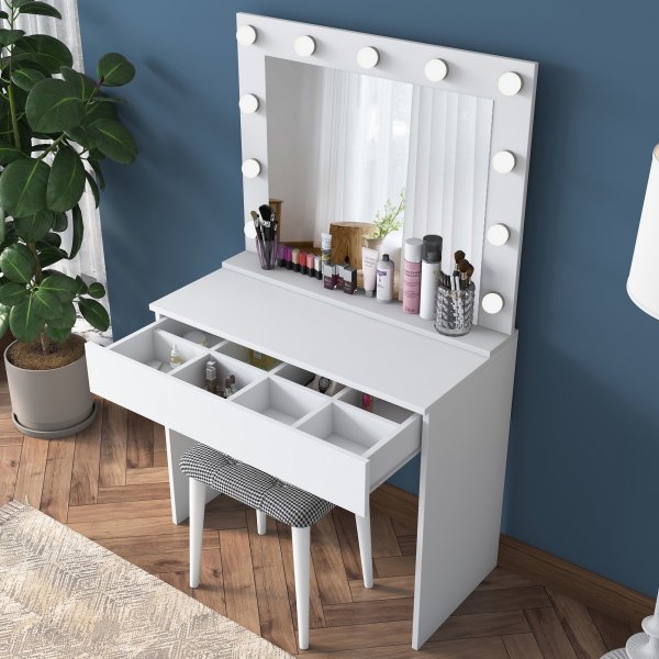 Bijou sminkbord med spegel och pall 21 - 90 x 45 cm - Vit Bijou sminkbord med spegel och pall 21 - 90 x 45 cm - Vit