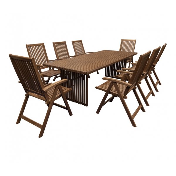 Sotö utegrupp, stort matbord med 8 st fällbara stolar i eukalyptus Sotö utegrupp, stort matbord med 8 st fällbara stolar i eukalyptus