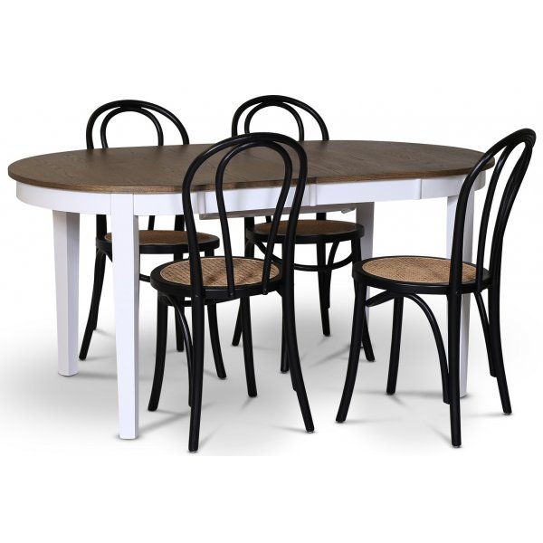 Skagen matgrupp; matbord 160/210x90 cm - Vit / brunoljad ek med 4 st Danderyd No.18 stolar Svarta
