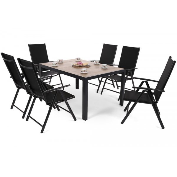 Matgrupp Capri 145 cm - svart/sand, inkl. 6 positionsstolar Ibiza Basic