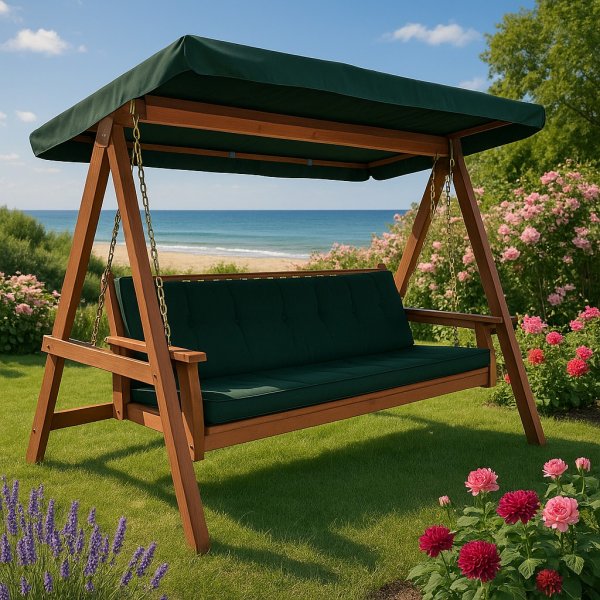 Fällbar hammock i trä med grönt tak Fällbar hammock i trä med grönt tak