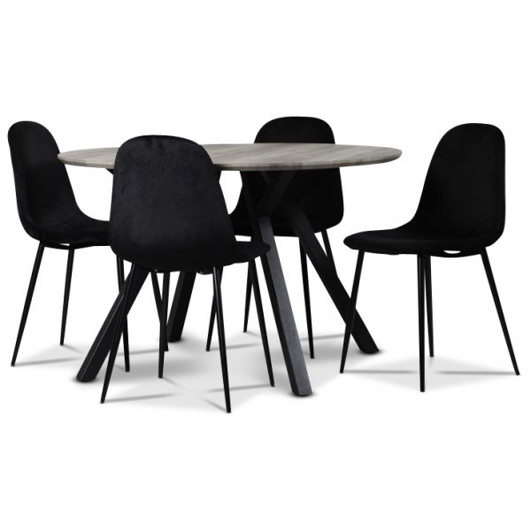 Smokey matgrupp, runt matbord med 4 st Carisma sammetsstolar - Svart + 4.00 x Stolsdyna