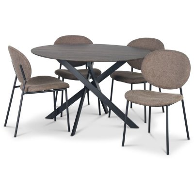 Hogrän matgrupp Ø120 cm bord i mörkt trä + 4 st Tofta bruna stolar