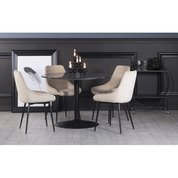 Plaza matgrupp, marmorbord med 4 st Theo sammetsstolar - Beige/Gr/Svart