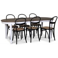 Skagen matgrupp; matbord 160/210x90 cm - Vit / brunoljad ek med 6 st Danderyd No.16 stolar Svarta Skagen matgrupp; matbord 160/210x90 cm - Vit / brunoljad ek med 6 st Danderyd No.16 stolar Svarta