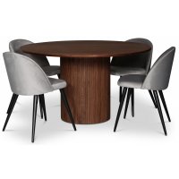 Nova matgrupp; runt matbord Ø130 cm, valnöt + 4 st Alice matstolar, Grå sammet Nova matgrupp; runt matbord Ø130 cm, valnöt + 4 st Alice matstolar, Grå sammet