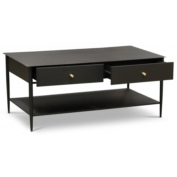 Flash soffbord med lådor - Svart metall med mässingsknoppar Flash soffbord med lådor - Svart metall med mässingsknoppar