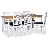 Fårö matgrupp; matbord 180x90 cm - Vit / oljad ek med 6 st Fårö matstolar med kryss i ryggen, sits i svart PU Fårö matgrupp; matbord 180x90 cm - Vit / oljad ek med 6 st Fårö matstolar med kryss i ryggen, sits i svart PU