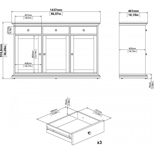 Paris skänk med 3 skåp och 3 lådor - Grå Paris skänk med 3 skåp och 3 lådor - Grå