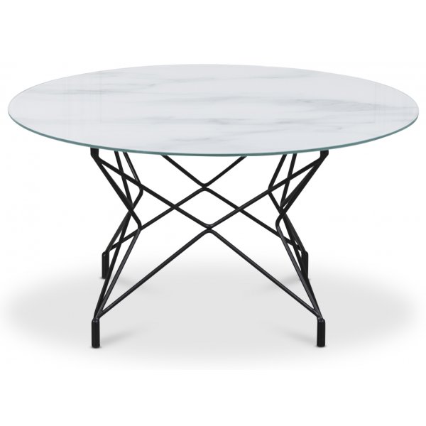 Soffbord Star 90 cm - Vitt marmorerat glas / Svart underrede