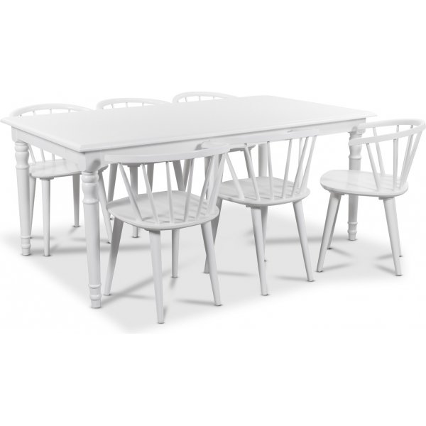 Nomi matgrupp 180 cm bord med 6 st vita Dalsland Pinnstolar med karm + Flckborttagare fr mbler