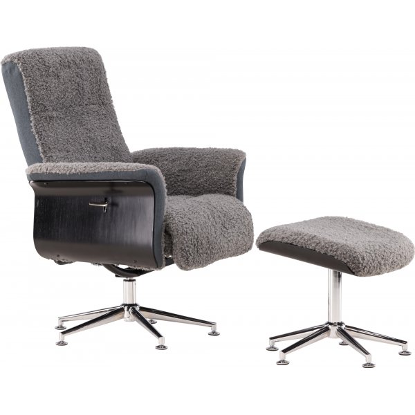 Hagön reclinerfåtölj med fotpall - Grå fårskinnsimitation/svartbetsad ek + Fläckborttagare för möbler Hagön reclinerfåtölj med fotpall - Grå fårskinnsimitation/svartbetsad ek + Fläckborttagare för möbler