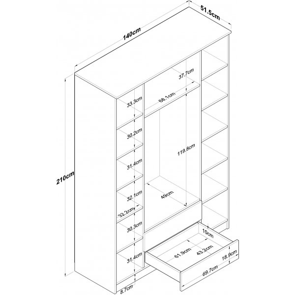 Bardo garderob 140 x 51,5 x 210 cm - Valnöt/vit Bardo garderob 140 x 51,5 x 210 cm - Valnöt/vit