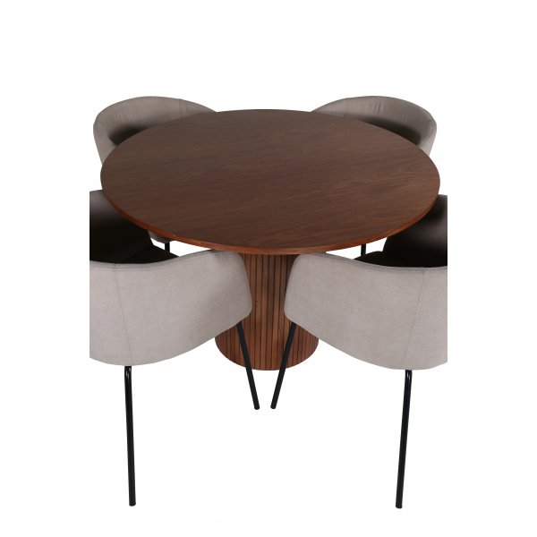 Bianca Matgrupp runt valnt matbord med 4 st Berit beige polyesterlinne stolar