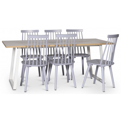 Edge matgrupp; Matbord i vit HPL 190x90 cm med 6 st gråa Dalsland pinnstolar