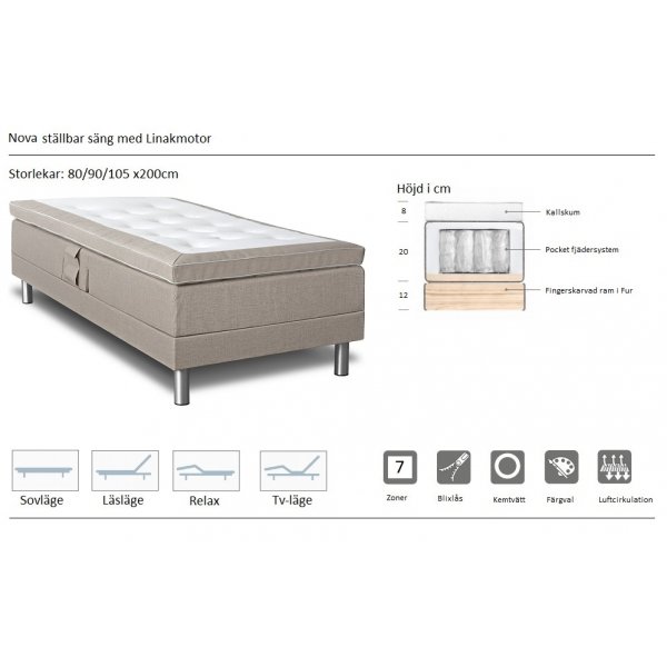 Ställbar säng beige medium - 80x200 cm + Möbeltassar Ställbar säng beige medium - 80x200 cm + Möbeltassar