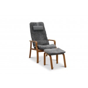 Reclinerfåtölj med fotpall i äkta fårskinn ek/grå - Frank Reclinerfåtölj med fotpall i äkta fårskinn ek/grå - Frank