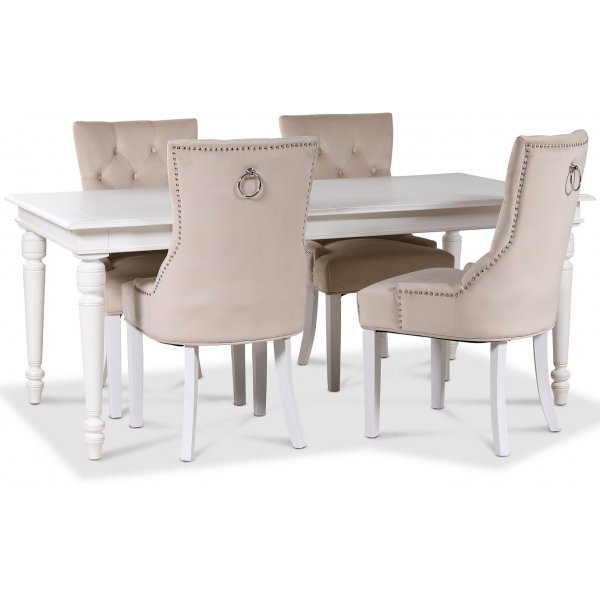 Paris matgrupp vitt bord med 4 st Tuva Decotique stolar i beige sammet med rygghandtag