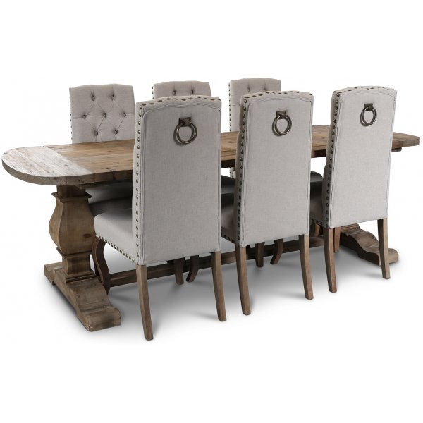 Newcastle matgrupp bord i tervunnet tr + 6 st matstolar i beige linne