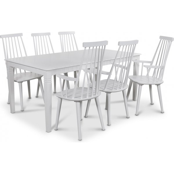 Mellby matgrupp 180 cm bord med 6 st vita Dalsland Pinnstolar med armstd + 6.00 x Servettringar