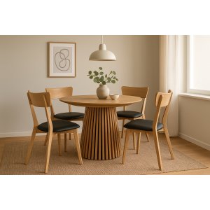 Matgrupp Osaka Ø120–200 cm ek med 4 st Amino stolar i ek och svart ecoläder Matgrupp Osaka Ø120–200 cm ek med 4 st Amino stolar i ek och svart ecoläder