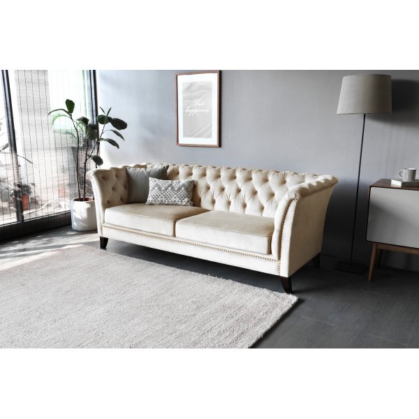 Soffa 3-sits Chesterfield beige - Milton + Textilrengöring för möbler Soffa 3-sits Chesterfield beige - Milton + Textilrengöring för möbler