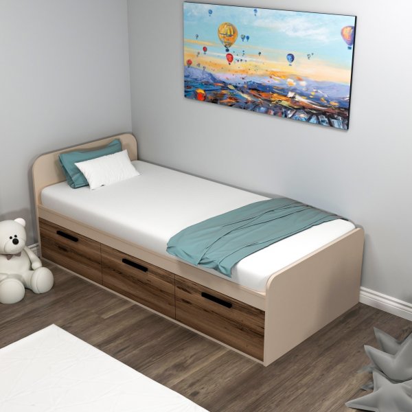 Akser enkelsäng med inbyggd förvaring 190 x 90 cm - Ljus valnöt/beige Akser enkelsäng med inbyggd förvaring 190 x 90 cm - Ljus valnöt/beige