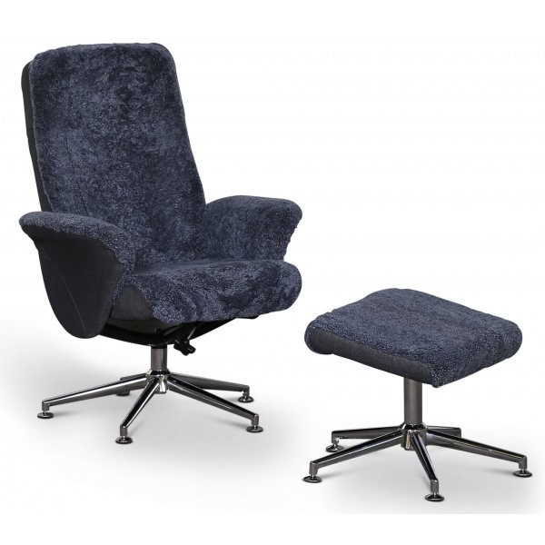 Times frskinnsftlj med fotpall (Recliner) - Mrkgrtt frskinn + Mbeltassar