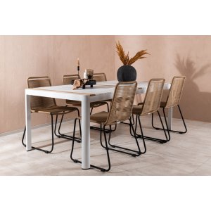 Togo buiteneetgroep met 6 Lindos stoelen - Beige/Zwart/Teak