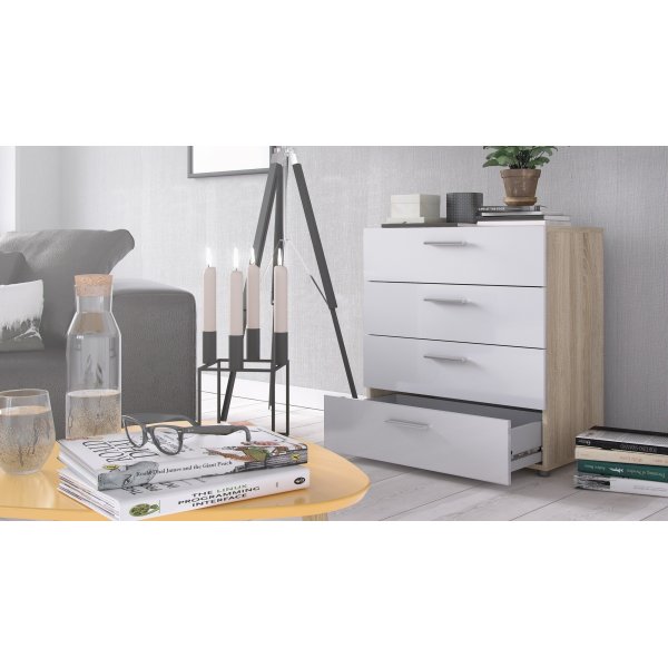 Pepe brede ladekast met 4 lades - Eiken/wit Pepe brede ladekast met 4 lades - Eiken/wit