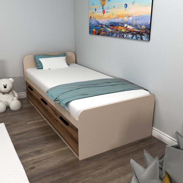 Akser enkelsäng med inbyggd förvaring 190 x 90 cm - Ljus valnöt/beige Akser enkelsäng med inbyggd förvaring 190 x 90 cm - Ljus valnöt/beige
