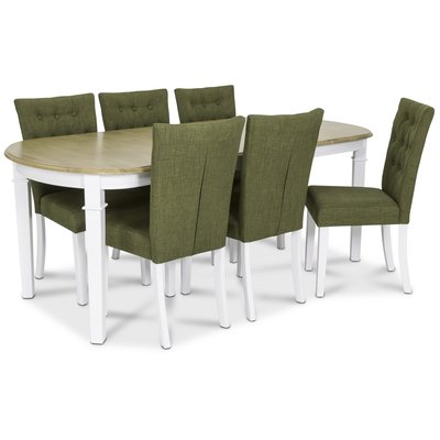 Ramns matgrupp - Bord inklusive 6 st Crocket stolar i grn kldsel - Vit/ekbets