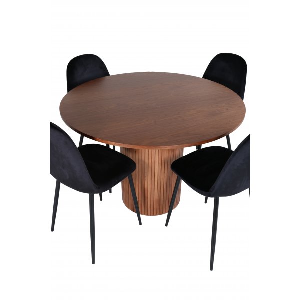 Bianca Matgrupp runt valnt matbord med 4 st Polar svart stolar