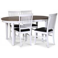 Skagen matgrupp; matbord 160/210x90 cm - Vit / brunoljad ek med 4 st Fårö stolar med PU sits Skagen matgrupp; matbord 160/210x90 cm - Vit / brunoljad ek med 4 st Fårö stolar med PU sits
