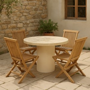 Matgrupp med 4 stolar och matbord Ø122 beige/teak - Merca/Saltö Matgrupp med 4 stolar och matbord Ø122 beige/teak - Merca/Saltö