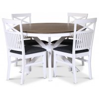 Skagen matgrupp; runt matbord Ø120 cm - Vit / brunoljad ek med 4 st Skagen stolar med grå sits Skagen matgrupp; runt matbord Ø120 cm - Vit / brunoljad ek med 4 st Skagen stolar med grå sits