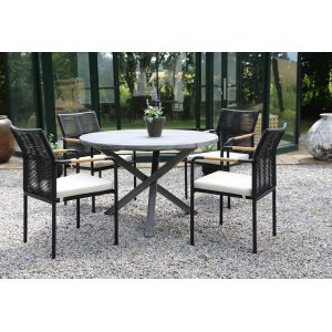 Scottsdale buiteneetgroep rond tafel met 4 Skanr frame stoelen - Zwart/Grijs/Teak