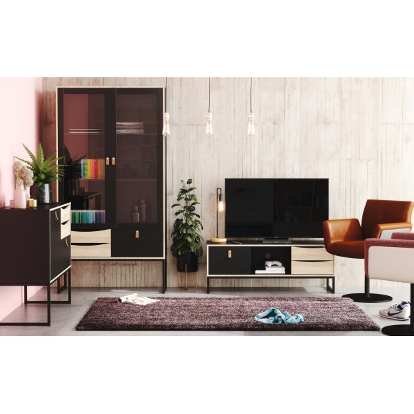 Stoppelvitrinekast - Zwart/eiken Stoppelvitrinekast - Zwart/eiken