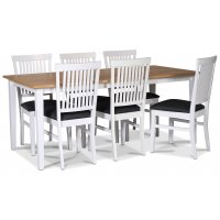 Fårö matgrupp; matbord 180x90 cm - Vit / oljad ek med 6 st Fårö matstolar med ribbor i ryggen, sits i grått tyg Fårö matgrupp; matbord 180x90 cm - Vit / oljad ek med 6 st Fårö matstolar med ribbor i ryggen, sits i grått tyg