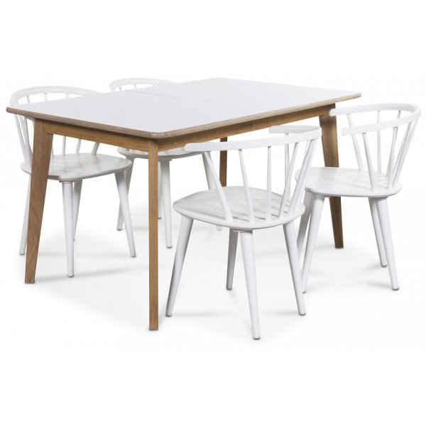 Holger matgrupp 140 cm bord med 4 st vita Fredrik pinnstolar