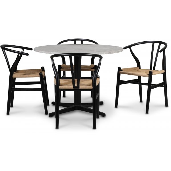 SOHO matgrupp 105 cm inkl. 4 st Brandon karmstolar - Matt svart kryssfot / Silver marmor