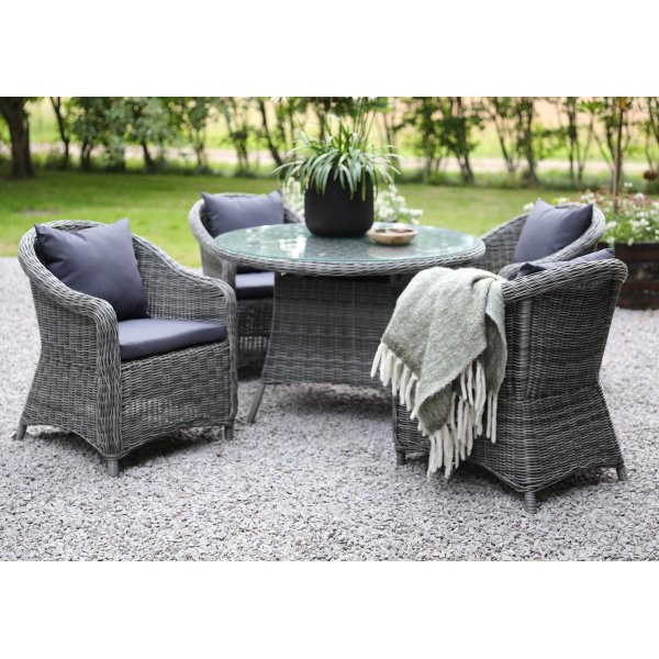 Jacksonville utematgrupp; 110 cm runt bord inkl 4 st Mercury fåtöljer grå konstrotting Jacksonville utematgrupp; 110 cm runt bord inkl 4 st Mercury fåtöljer grå konstrotting