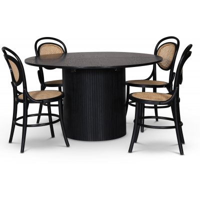 Nova matgrupp, förlängningsbart matbord Ø130-170 cm inkl 4 st svarta Alicia stolar böjträ - Svartbetsad ek