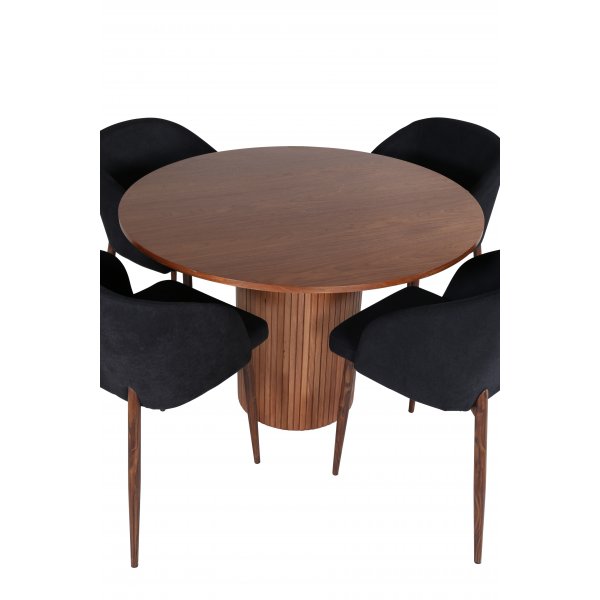 Bianca Matgrupp runt valnöt matbord med 4 st Arch svart stolar Bianca Matgrupp runt valnöt matbord med 4 st Arch svart stolar