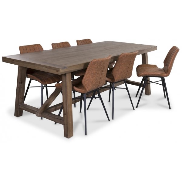 Colorado matgrupp, 200cm brunbetsat bord med 6 st Unique stolar i vintagekldsel