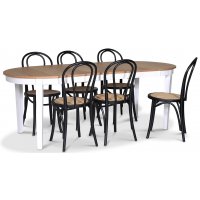 Fårö matgrupp; Ovalt matbord 160-210 cm - Vit / Oljad Ek med 6 st Danderyd No.18 matstolar Svart Fårö matgrupp; Ovalt matbord 160-210 cm - Vit / Oljad Ek med 6 st Danderyd No.18 matstolar Svart