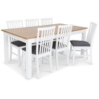 Skagen matgrupp - Skagen 180 cm matbord inklusive 6 st Alice matstolar med grå sits - Vit/ekbets Skagen matgrupp - Skagen 180 cm matbord inklusive 6 st Alice matstolar med grå sits - Vit/ekbets