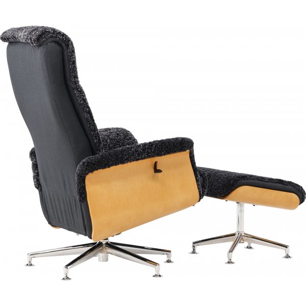 Ulla f�t�lj med fotpall i ek - M�rkgr� f�rskinn + Textilreng�ring f�r m�bler