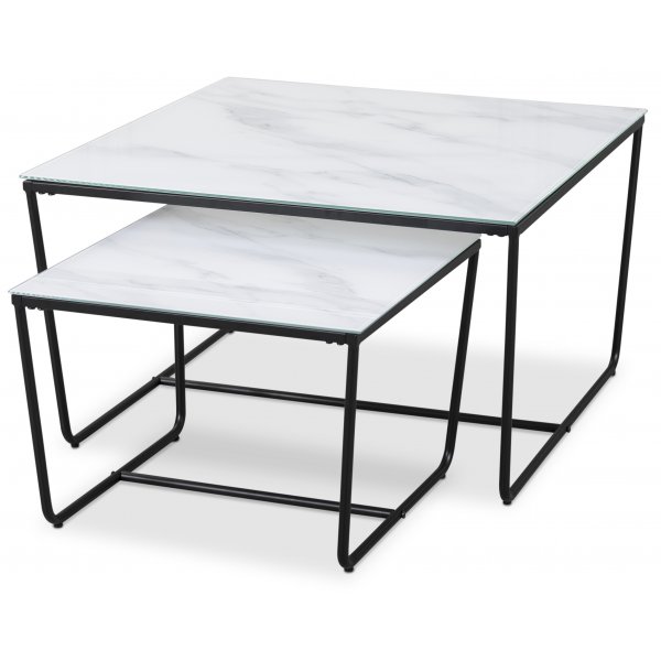 Stella Satsbord 75 x 75 cm - Vitt marmorerat glas / Svart underrede